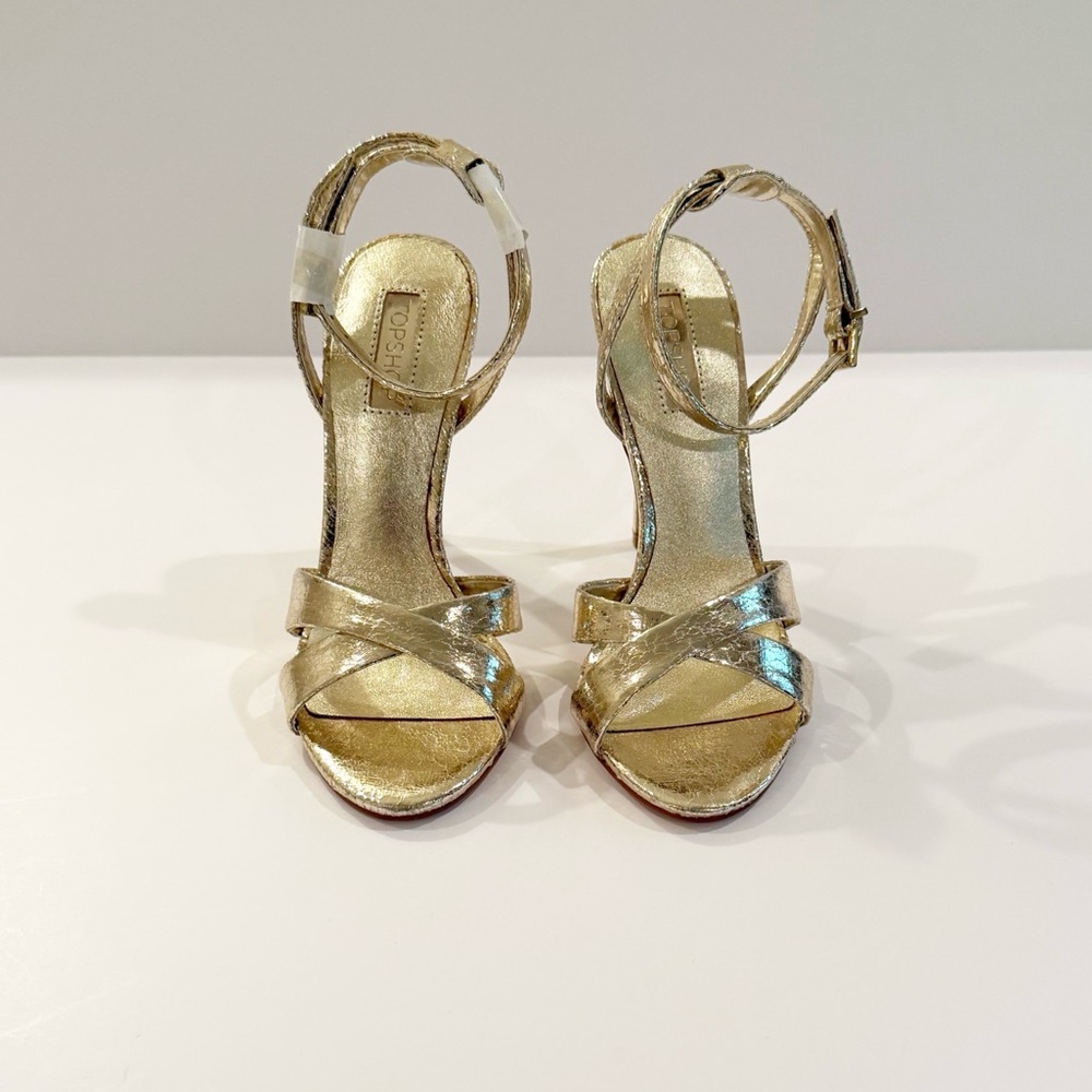 NWT! Topshop ‘Rumour’ Metallic Gold Cross-Strap Heels - Picture 2 of 13